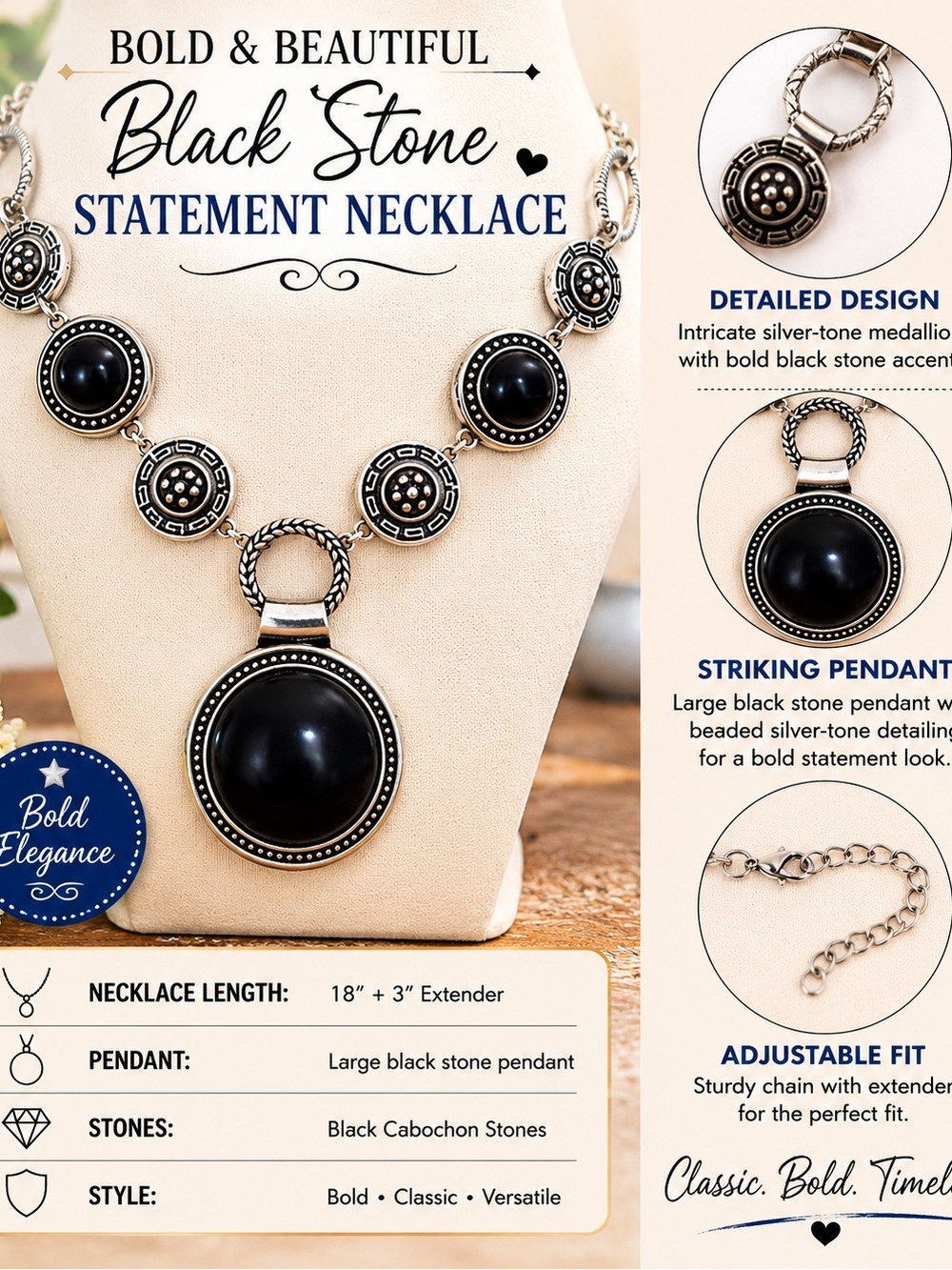 Black Stone Statement Necklace - Bold Elegance